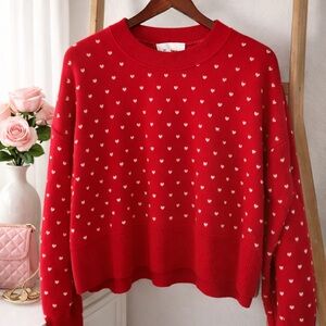 Pink Rose Red Heart Pattern Sweater